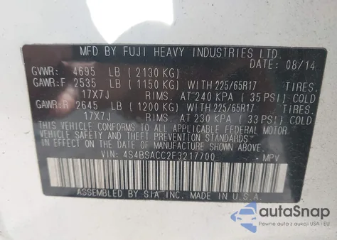 2015 Subaru Outback 2.5I Premium from USA, damaged, VIN 4S4BSACC2F3217700